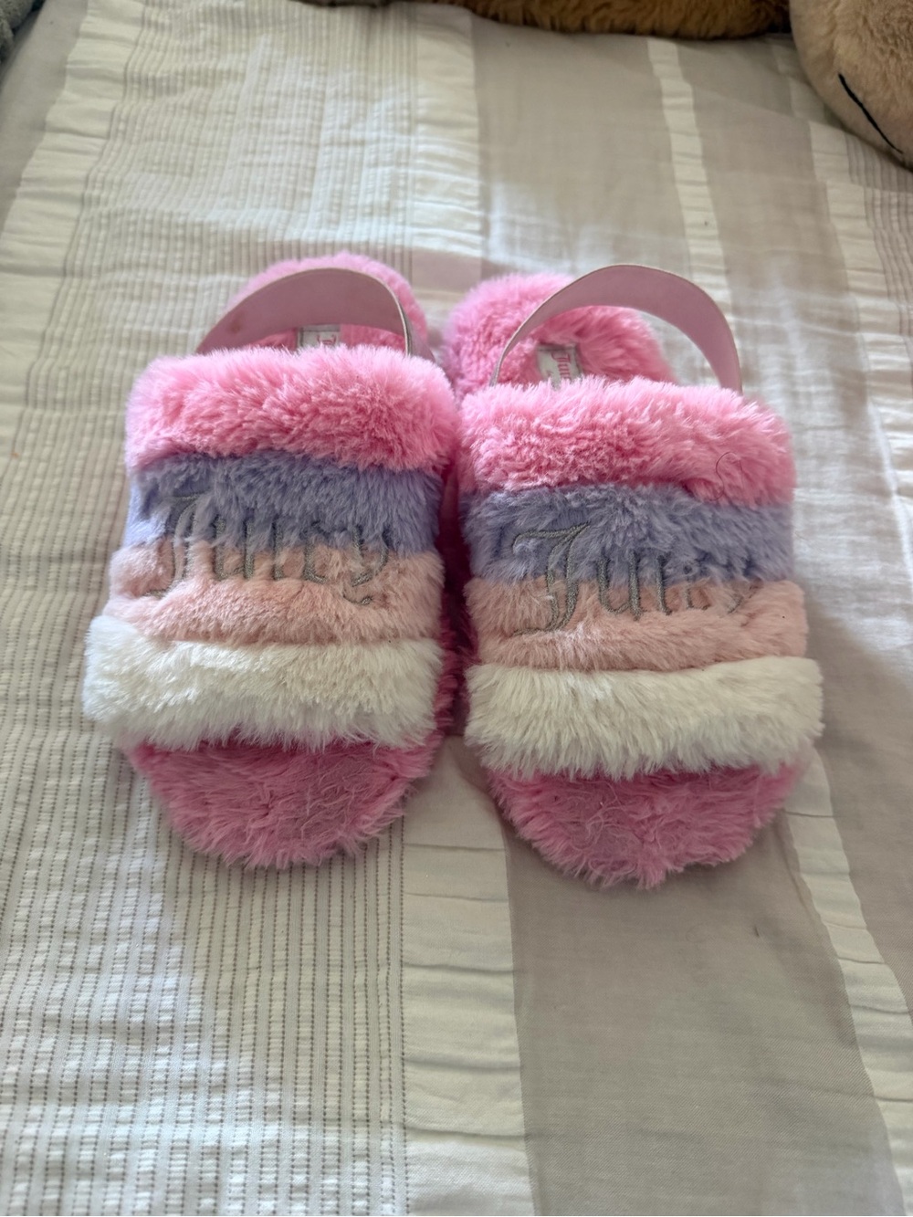 Juicy Couture Pink Fuzzy Kids Slide Sandals with Pastel Stripes